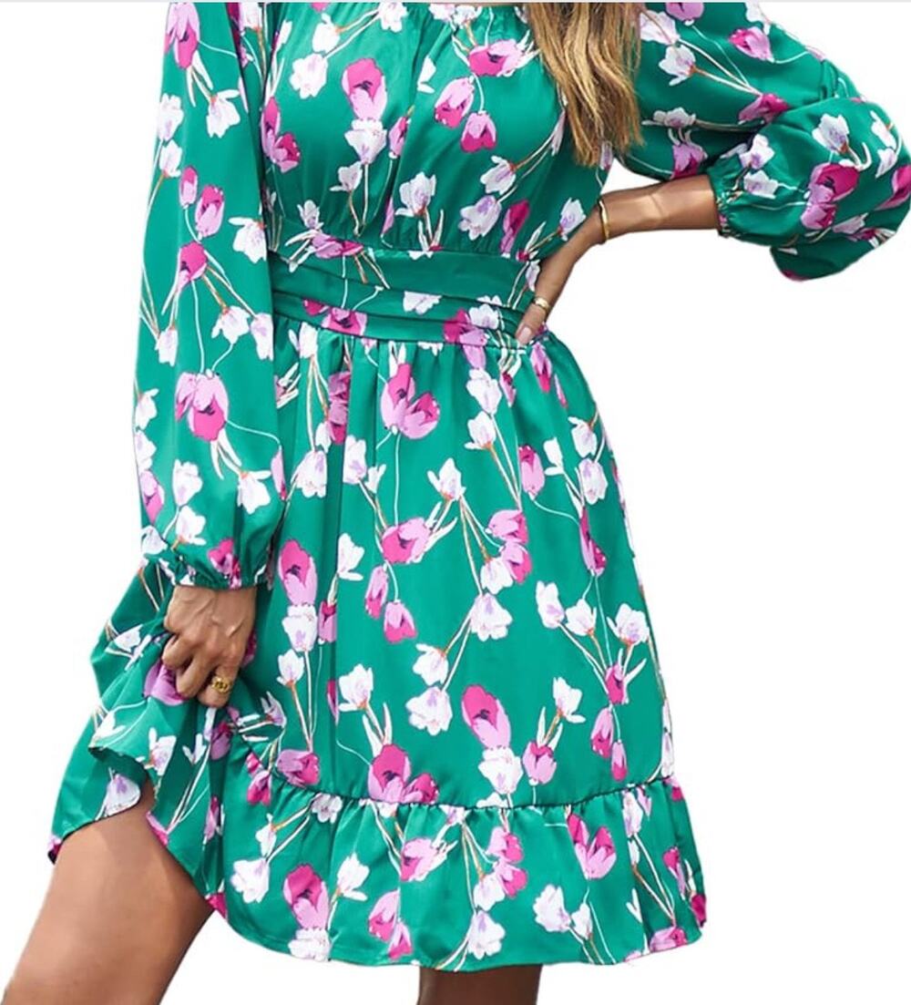 BT BTFBM Floral Boho Square Neck Long Puff Sleeve Mini Dress WMNS L Green/Pink